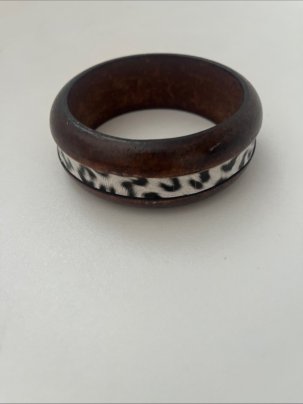 Wood and Faux Fur Animal Print Bangle Bracelet - Brown